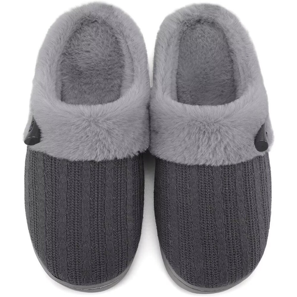 Women's Scuff Faux Fur Lining Memory Warm Foam Plush Gray Rubber Slippers Shoes